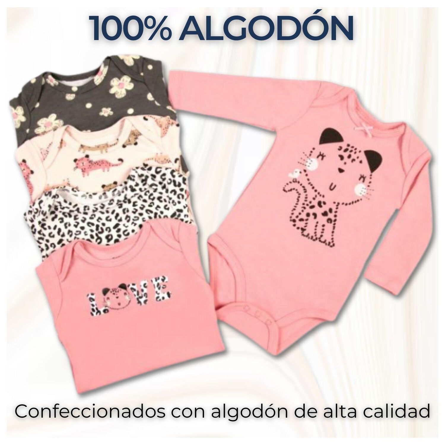 Pack 5 Bodys Ni&ntilde;a Manga Larga Tedmimak 100% Algod&oacute;n Pink Cat image number 1.0
