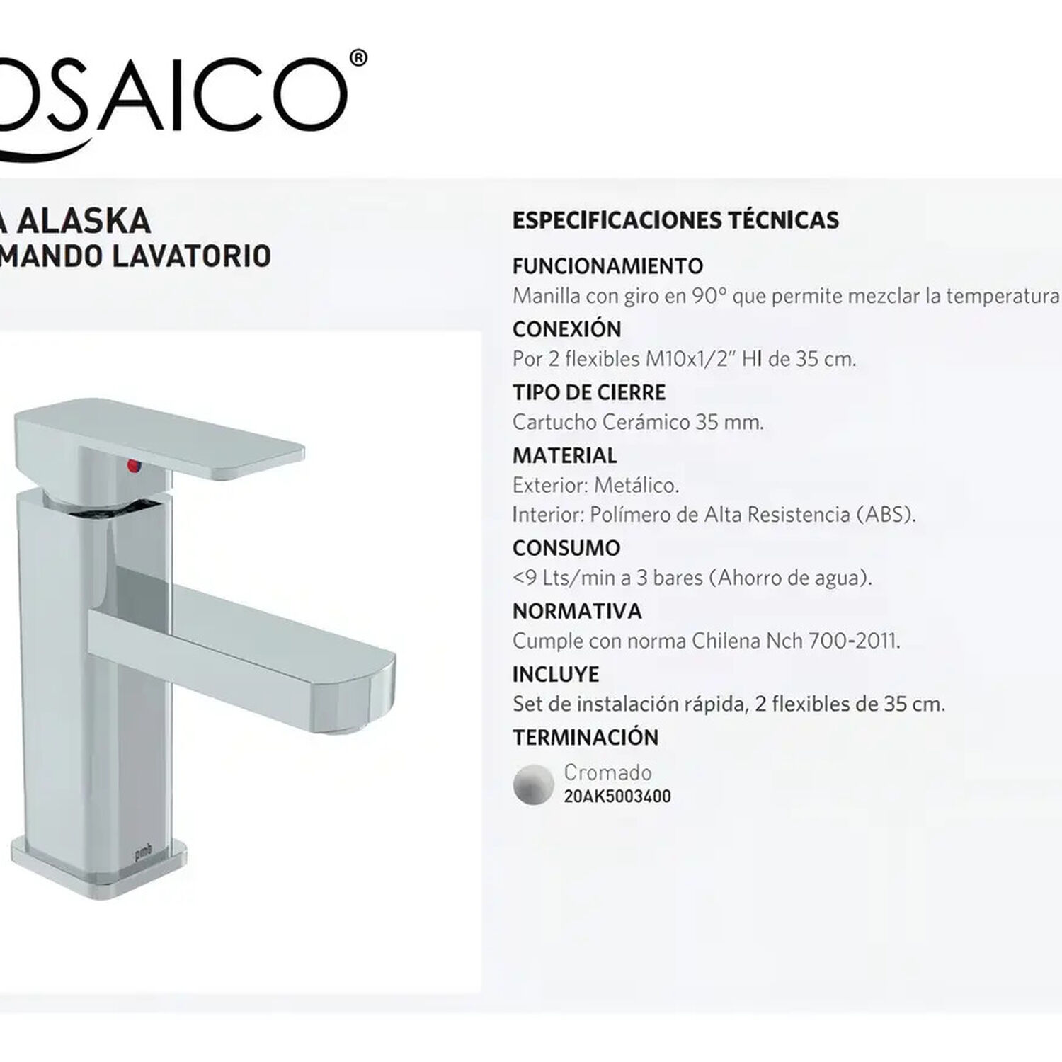 Monomando Lavatorio Llave Grifo Lavamanos Modelo Alaska Pmb Color Cromo image number 6.0