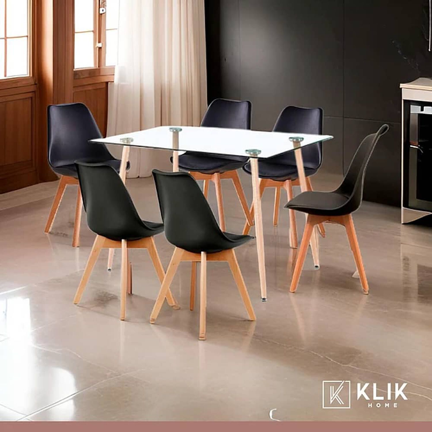 Comedor Mesa De Vidrio Rectangular 120x80 + 6 Sillas Tulip Negras image number 1.0
