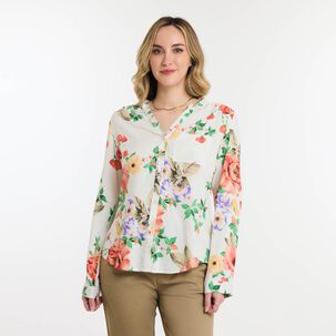 Blusa Full Print Manga Larga Roll Up Cuello V Mujer Geeps