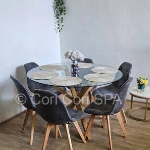 Comedor Warwick 120cm + 6 Sillas Capitonne Ecocuero Vintage Gris