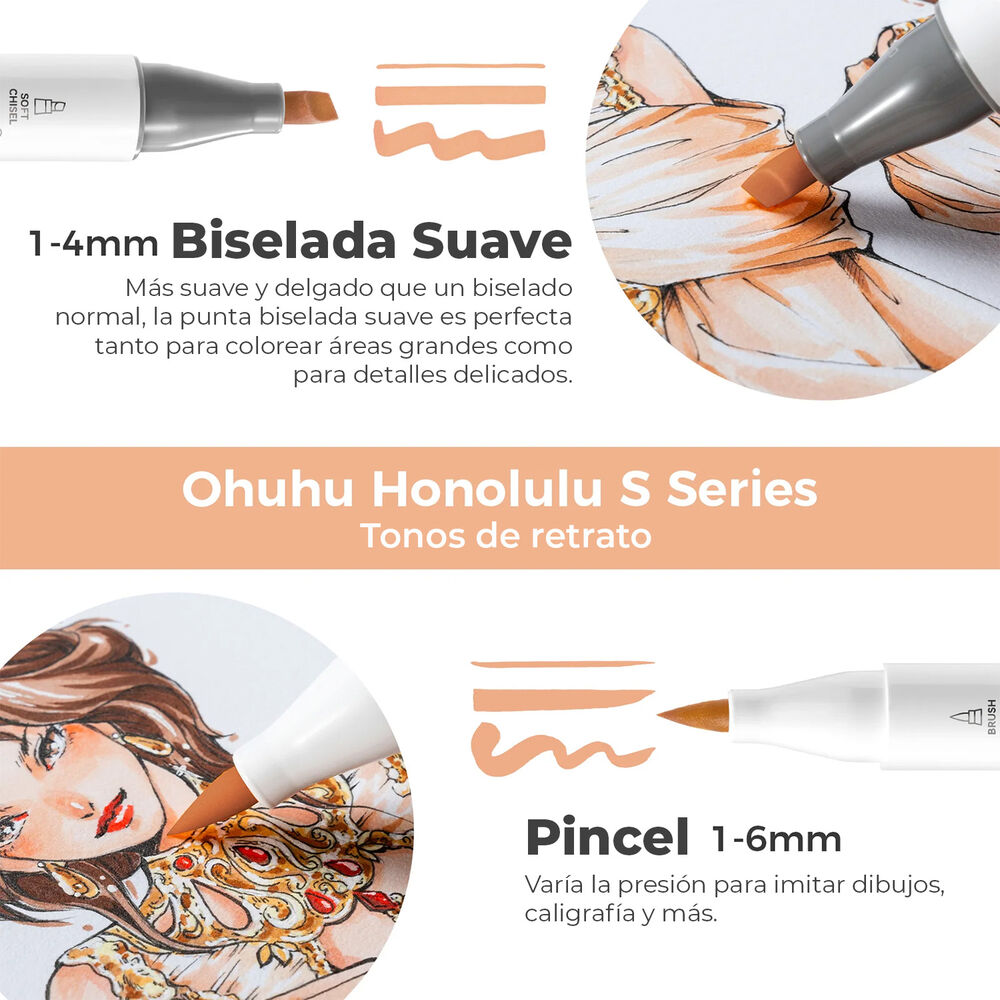Ohuhu 24 Marcadores Piel Honolulu S Pincel & Biselada Suave image number 3.0