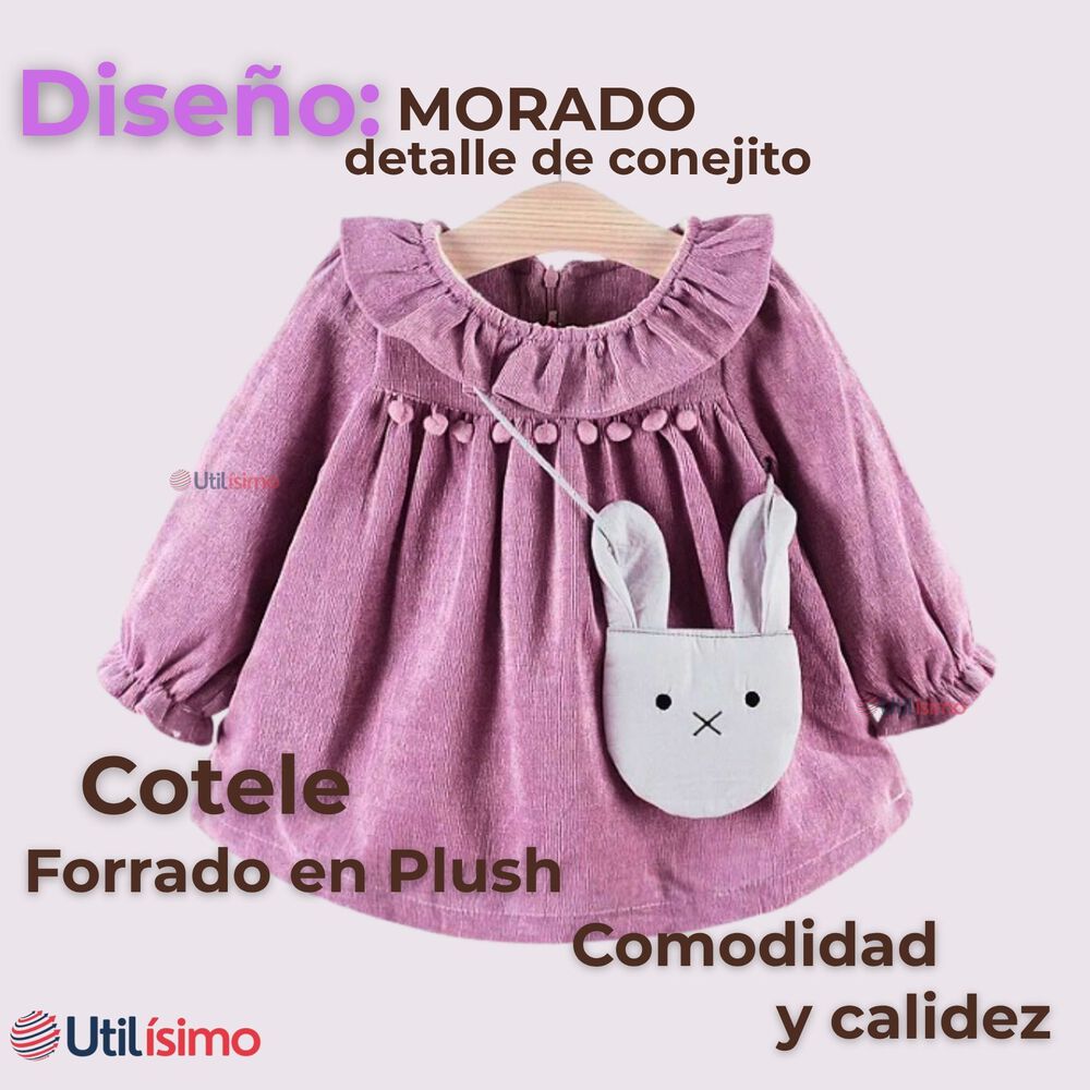 Vestido De Cotelé Con Bolso Conejo Forrado En Plush Niña Color Lila image number 1.0