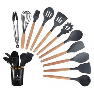 Set 12 Utensilios Cocina Mango Silicona Y Madera Reposter&iacute;a Negro