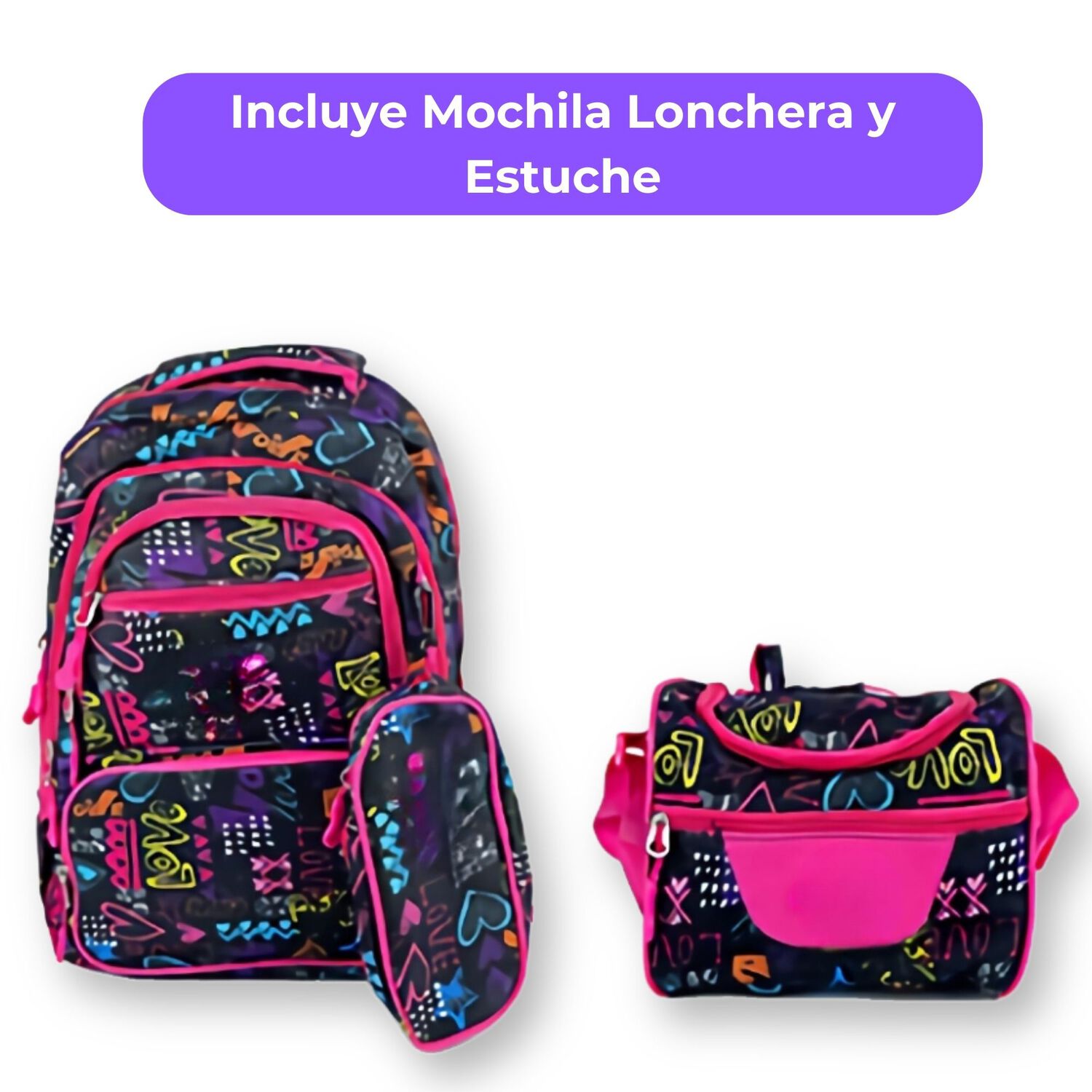 Pack Mochila Lonchera Estuche 45cm Juvenil Escolar Love image number 2.0