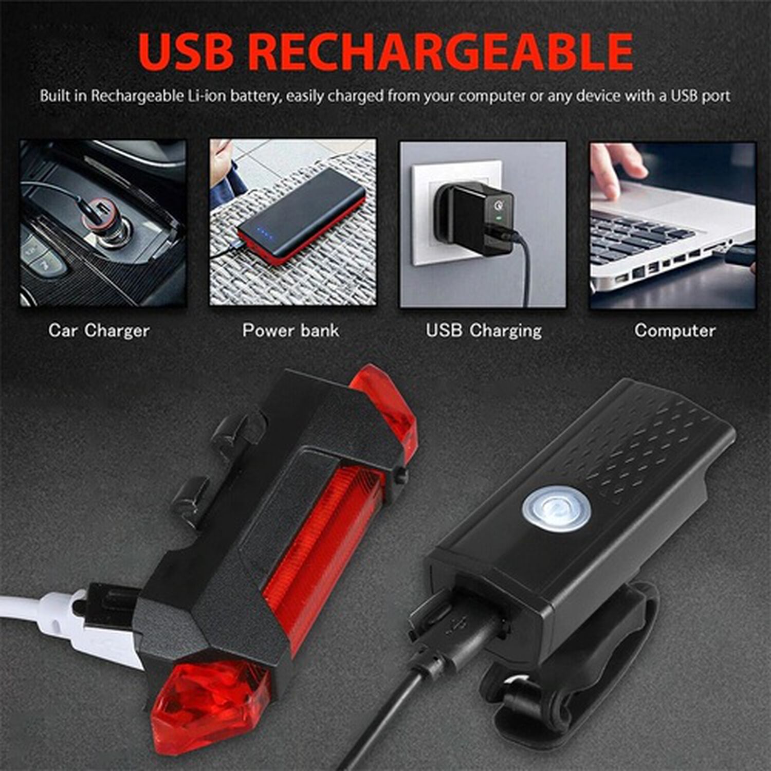 Luz Linterna Led Bicicleta Luz Delantera Y Trasera Roja Recargables Usb Para Bici image number 6.0