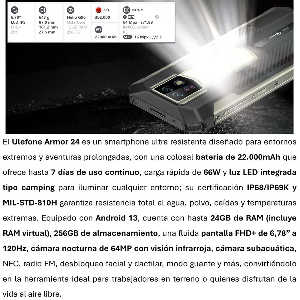 Ulefone Armor 24 Ultra Resistente Con Batería De 22.000mah Y Cámara Nocturna De 64mp image number 1.0