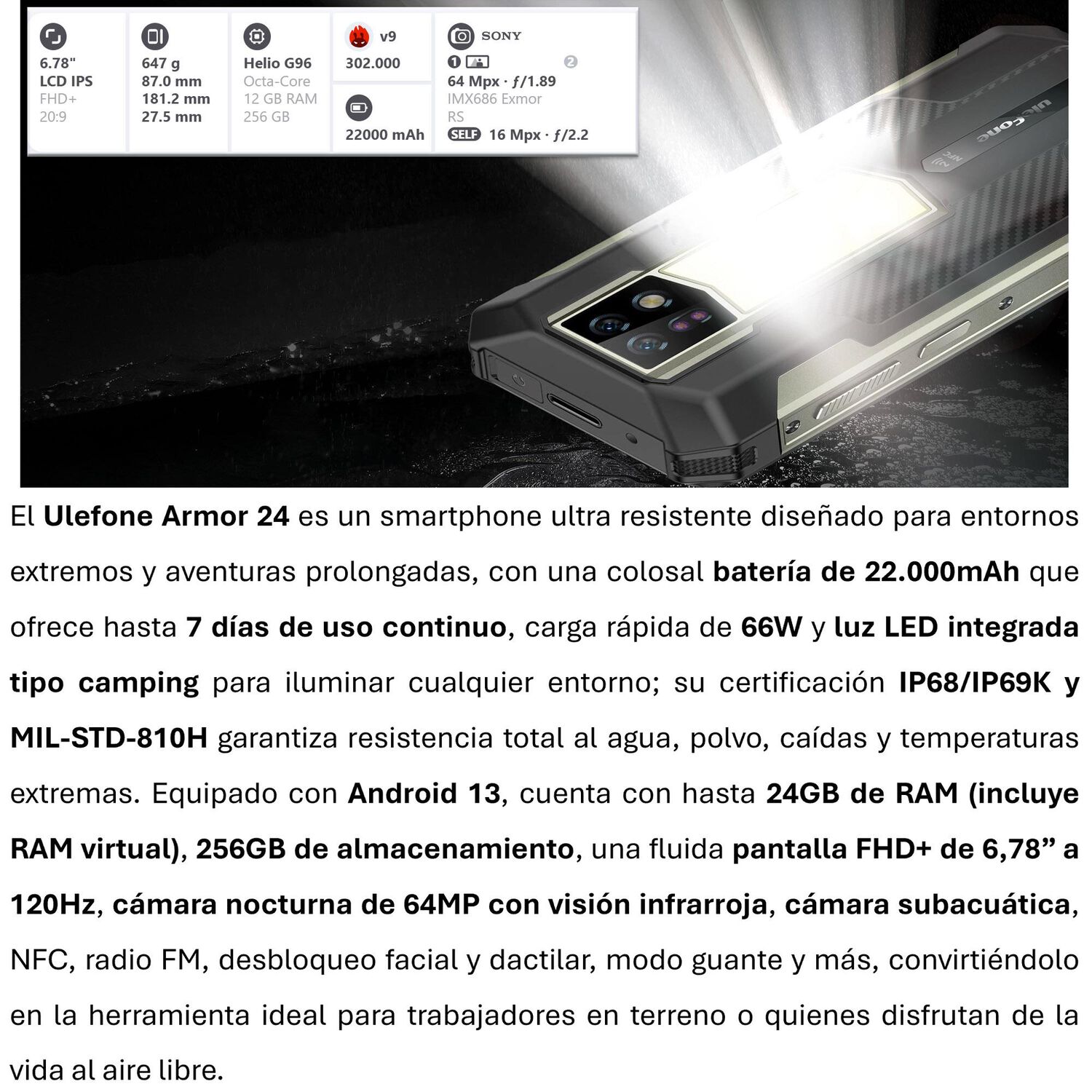 Ulefone Armor 24 Ultra Resistente Con Bater&iacute;a De 22.000mah Y C&aacute;mara Nocturna De 64mp image number 1.0