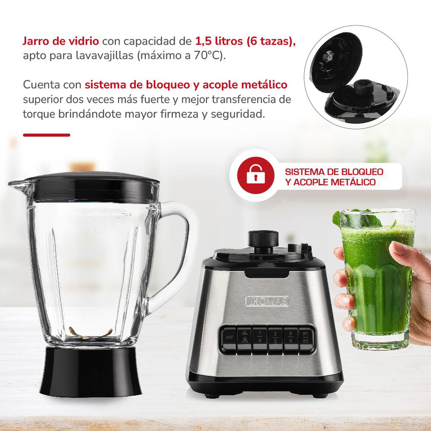 Licuadora Thomas Th410vi 1,5 Litros 600w Juguera Jarro De Vidrio 6 Velocidades M&aacute;s 2 Pulsos Cuchillas 4 Fold Titanium Blades Acople Met&aacute;lico Base Acer image number 2.0