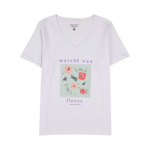 Polera Estampado Delantero Y Aplicación Perlas Manga Corta Cuello V Mujer Geeps
