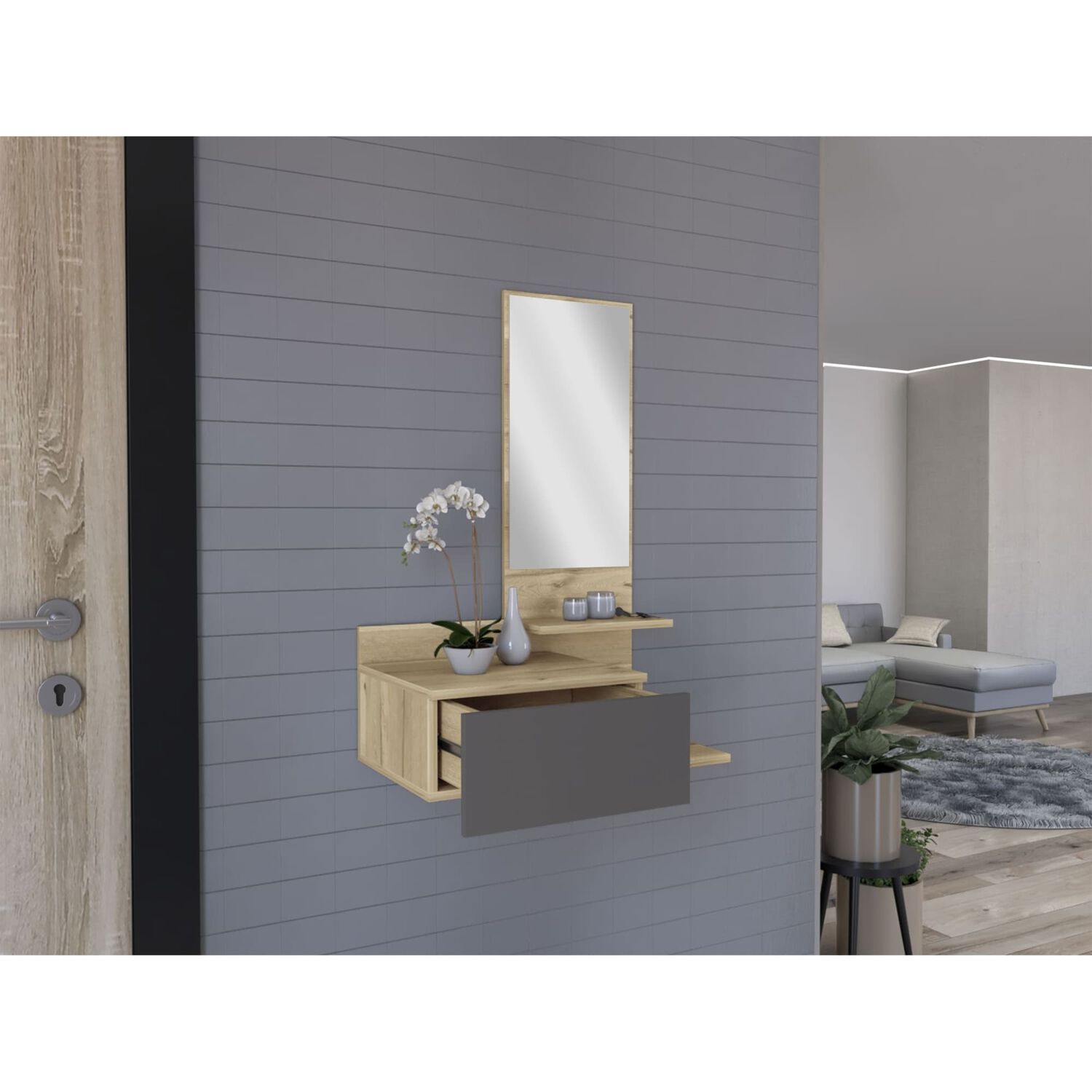 Mueble Recibidor Pared Con Espejo 1 Cajon Fm-002c - Caf&eacute; Claro image number 5.0