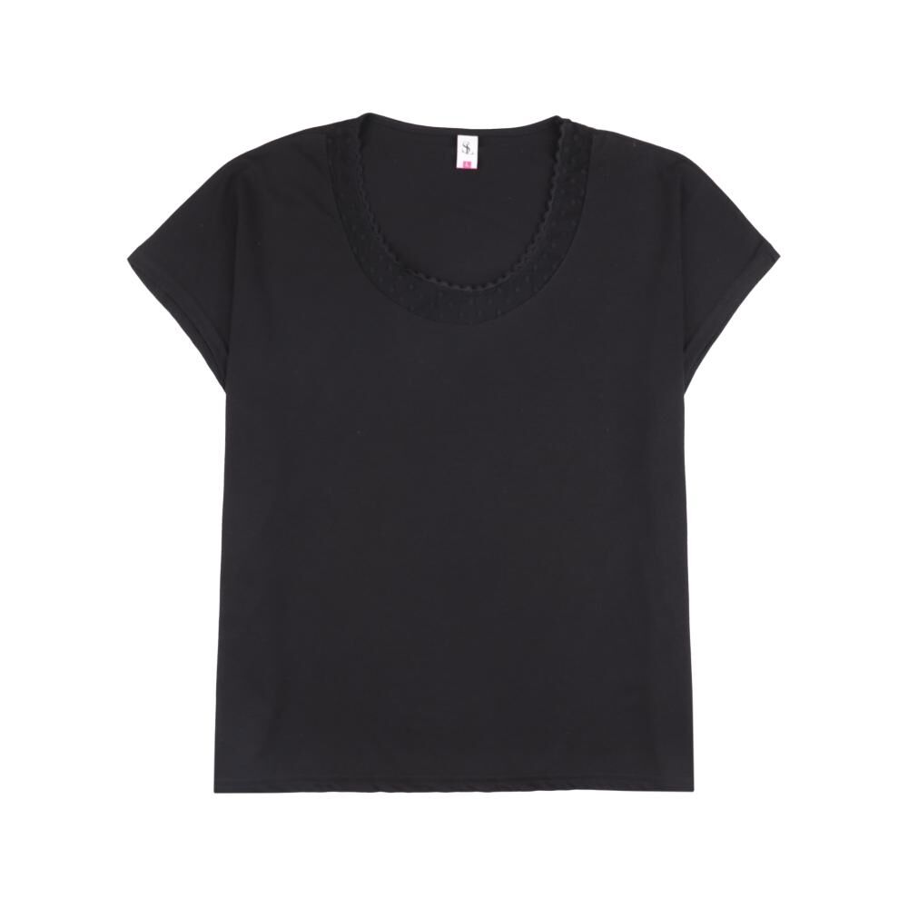 Polera Lisa Manga Corta Cuello Redondo Con Aplicación Lace Mujer Sexy Large image number 0.0