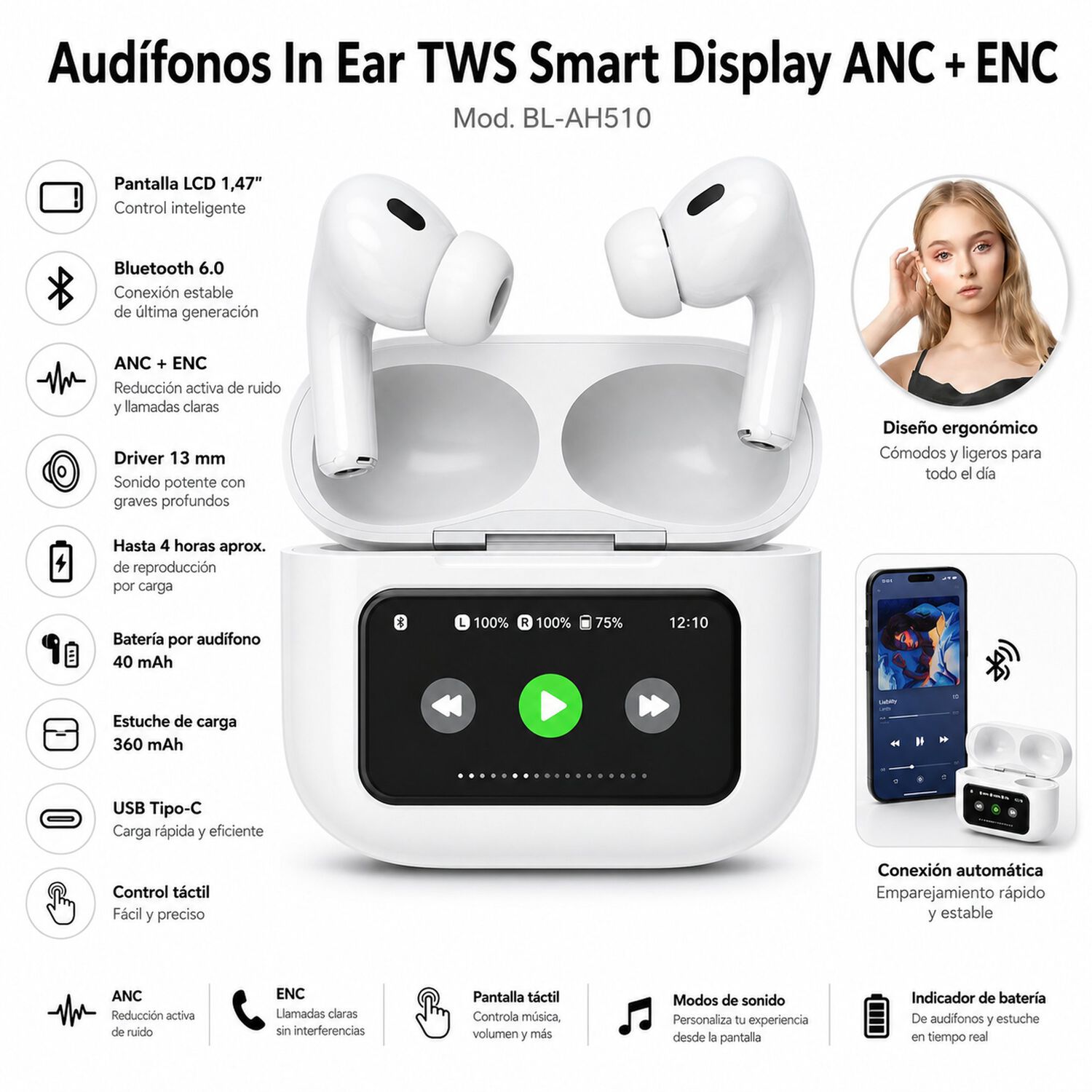 Aud&iacute;fonos In Ear Tws Con Display Led Smart Anc Touch Edition image number 6.0