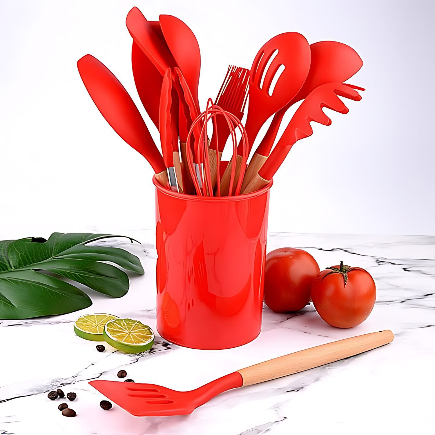 Set De Utensilios De Silicona Y Madera Para Cocina Rojo image number 2.0