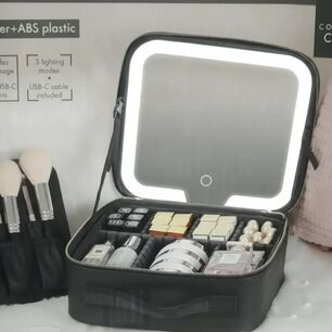 Cosmetiquero Organizador Port&aacute;til Con Espejo Luz Led Color Negro.