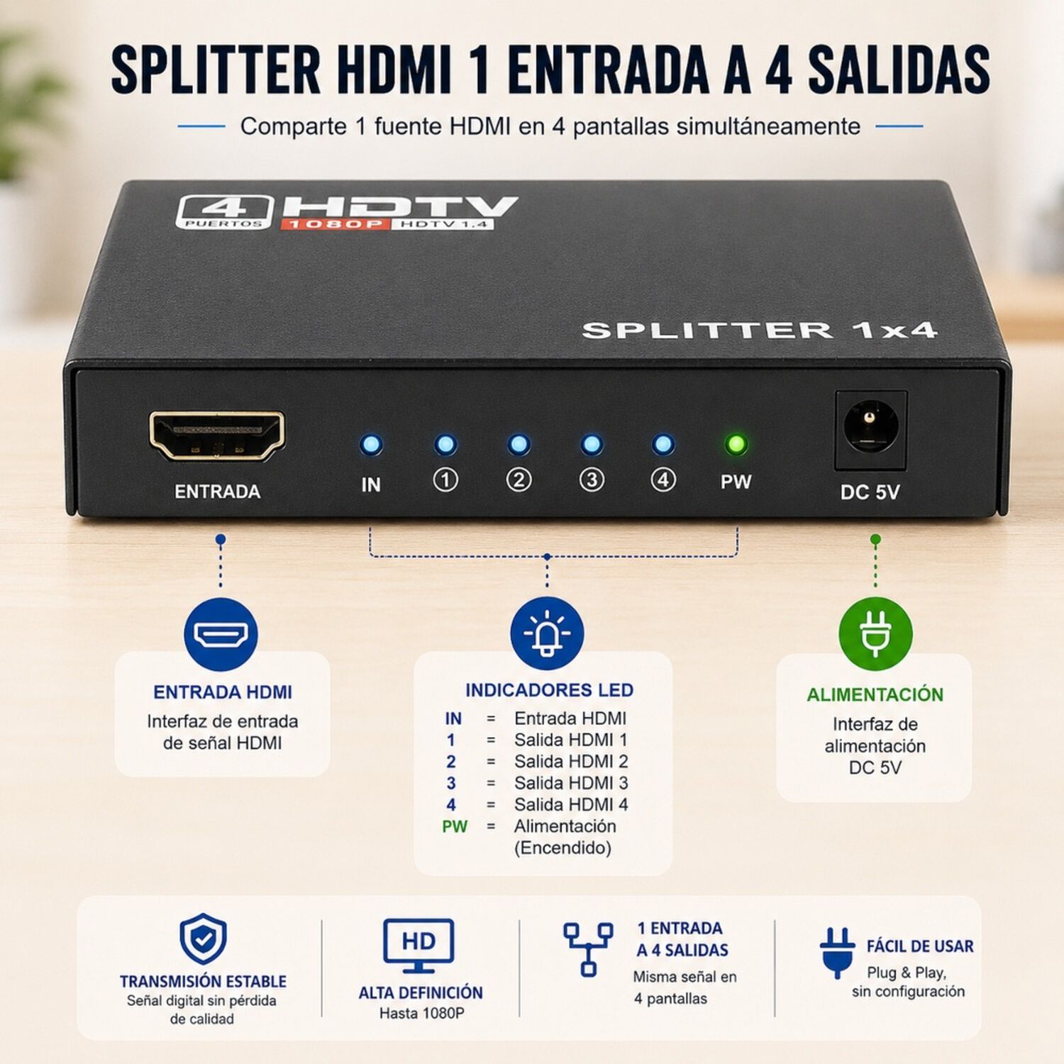 Splitter Hdmi 1 A 4 Pantallas Full Hd 1080p 60hz image number 4.0