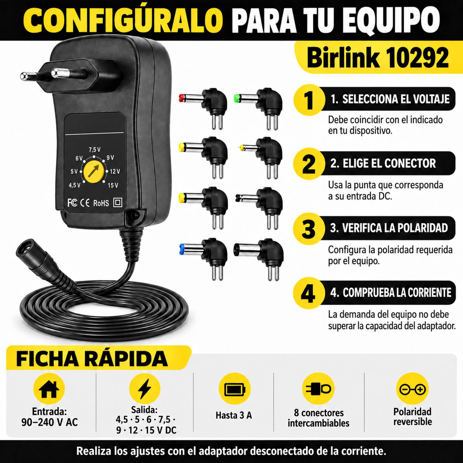 Adaptador Birlink 10292 Regulable 4,5 A 15v 3a 8 Conectores image number 2.0