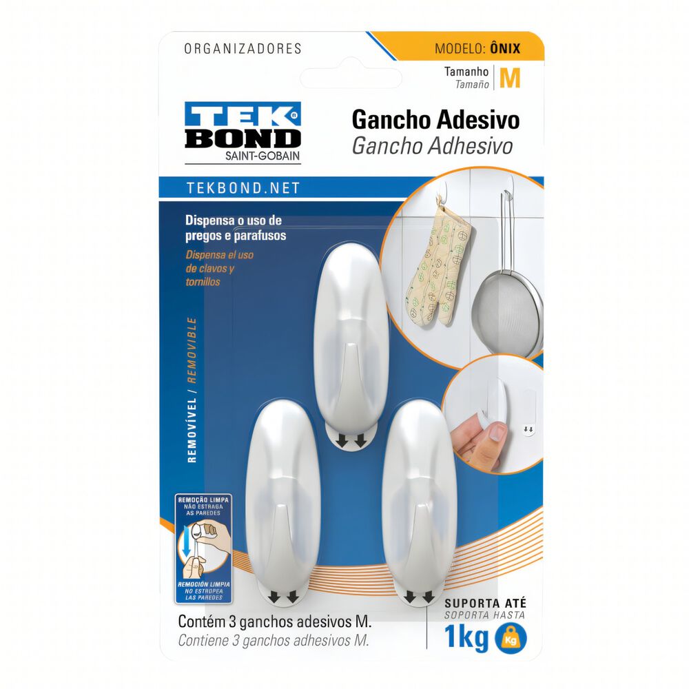 Ganchos Adhesivos Plástico Onix Blanco M - 1kg 3un. - Tekbond image number 0.0