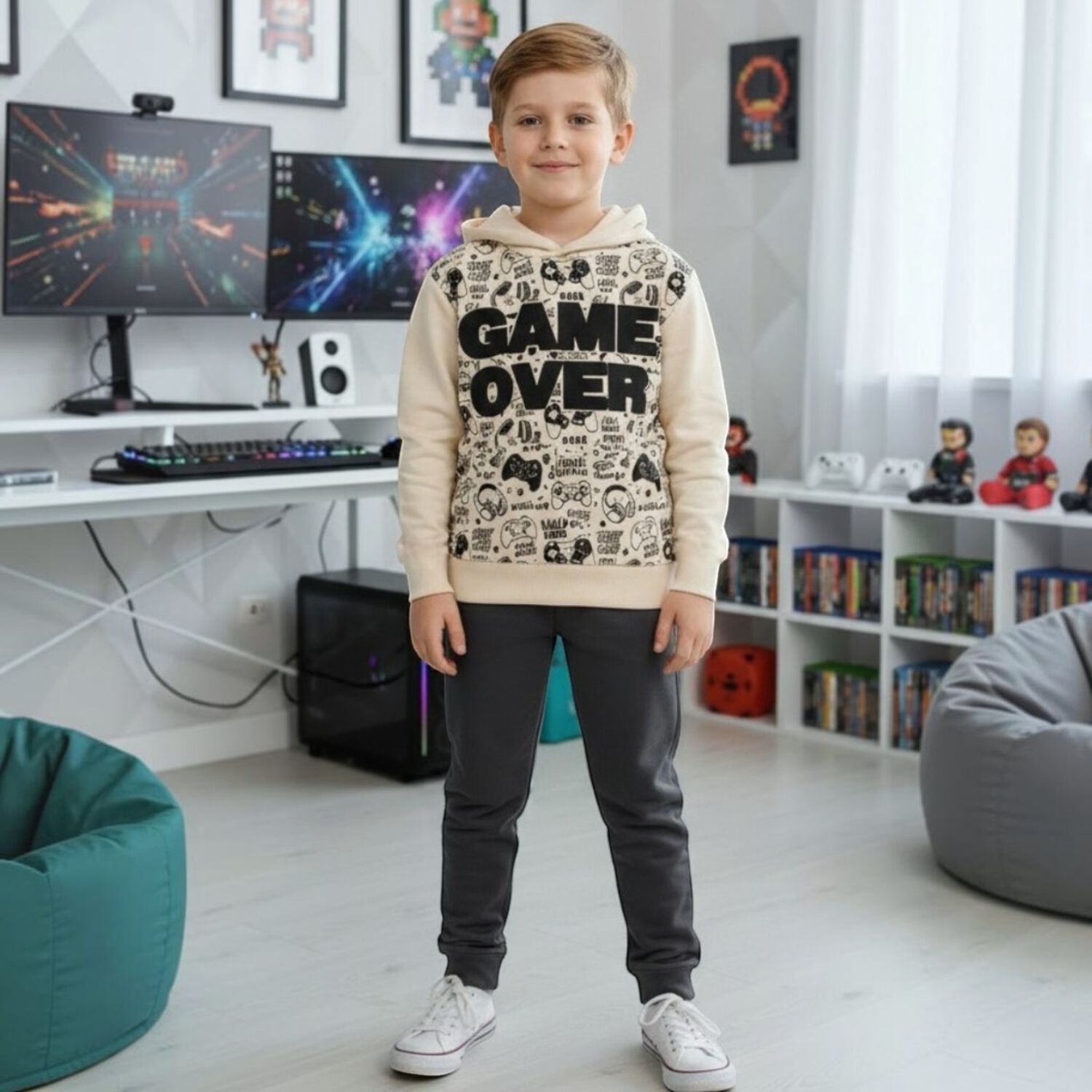Buzo Ni&ntilde;o Franela Game Over Beige image number 0.0