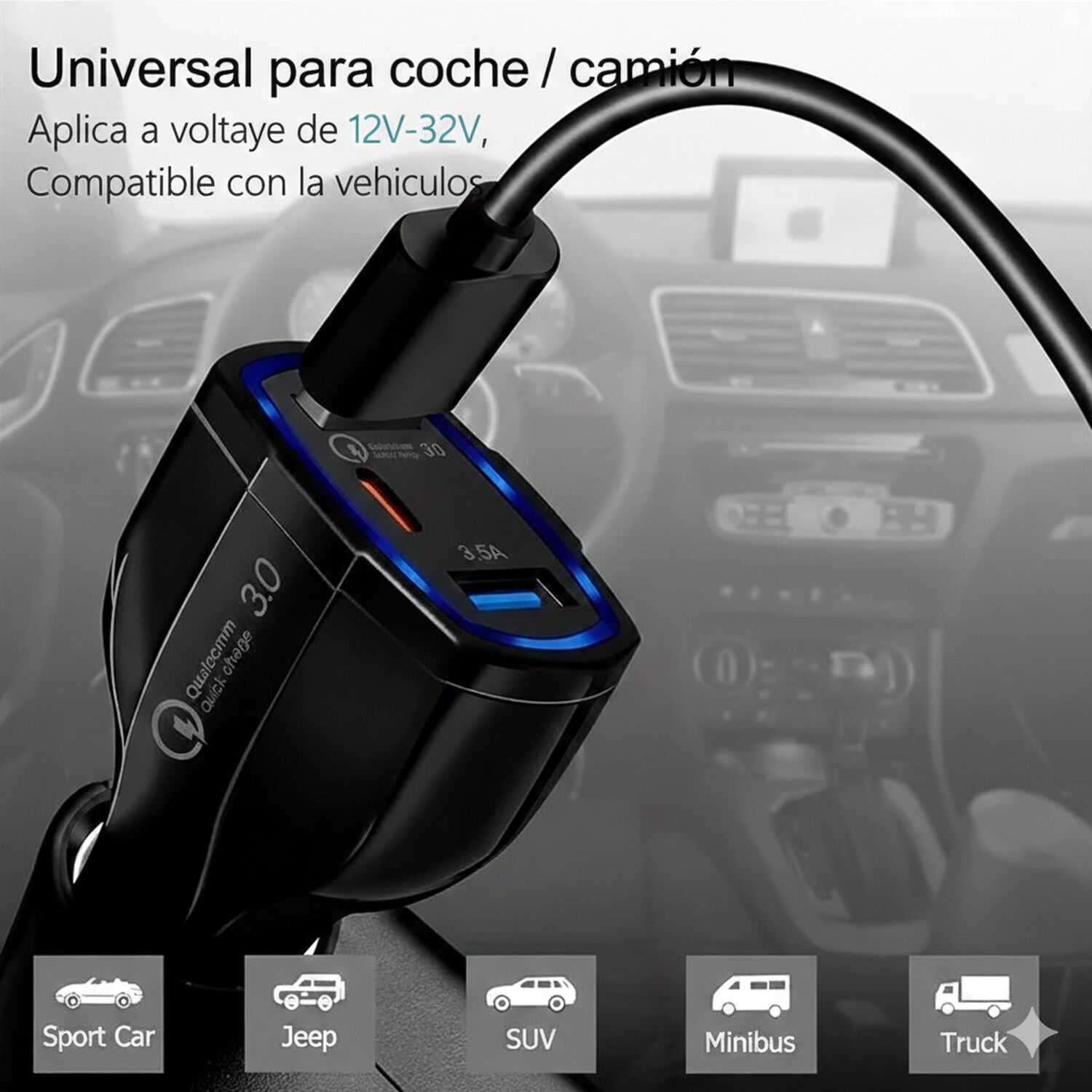 Cargador R&aacute;pido Auto Doble Usb + Tipo C Qc 3.0 image number 2.0