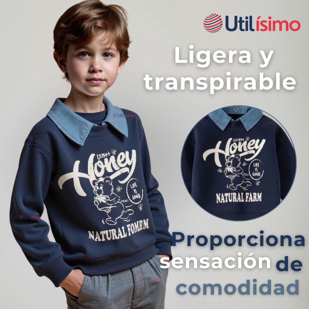 Polerón Estilo Pique Manga Larga Niño 100% Algodón Azul image number 5.0