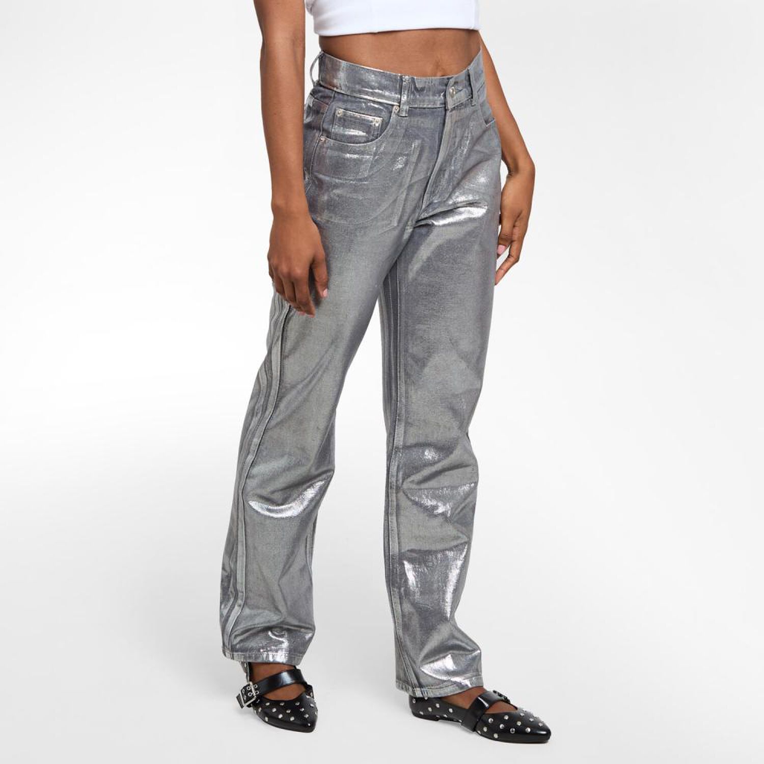 Pantal&oacute;n Metalizado Tiro Medio Straight Mujer Rolly Go image number 2.0