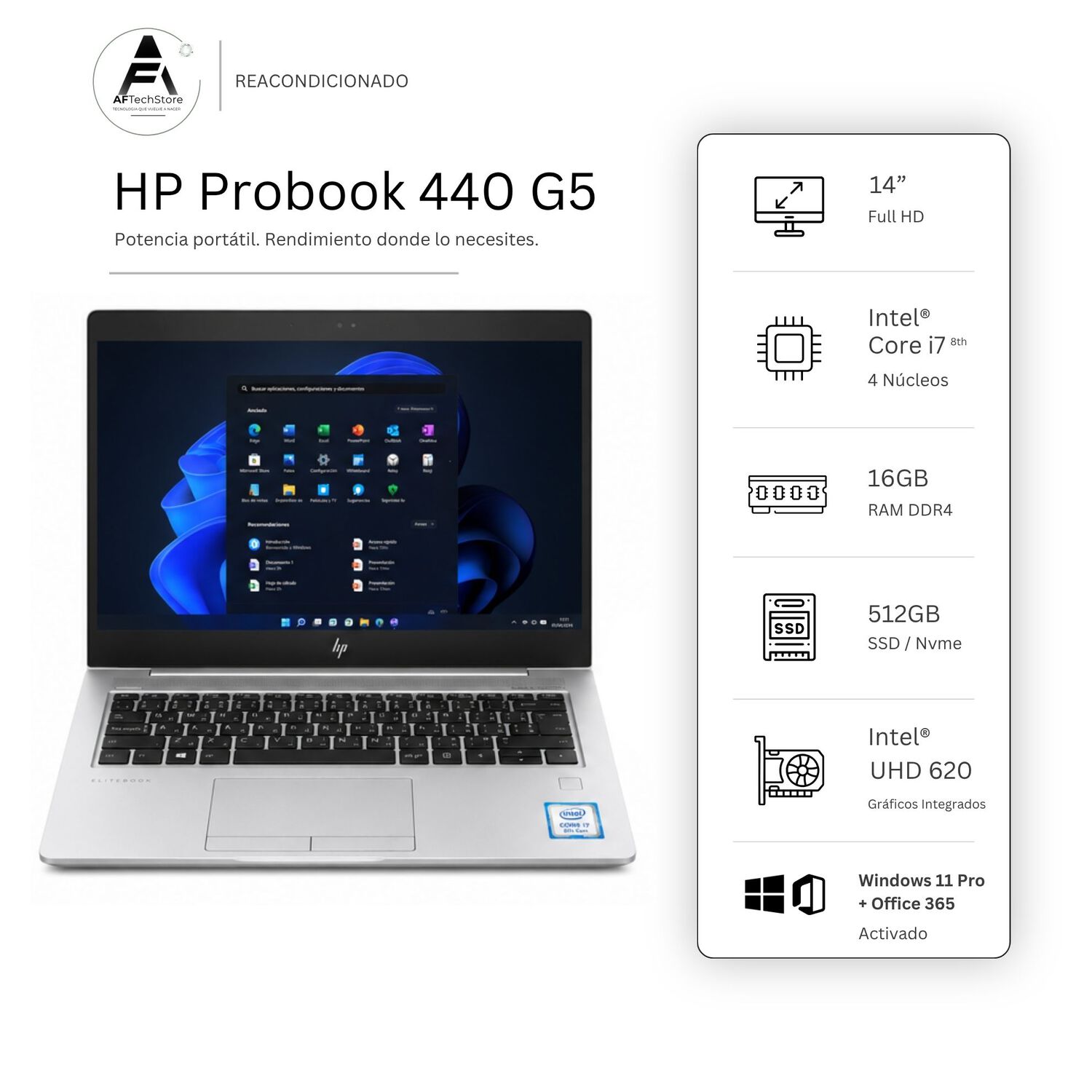Notebook Hp 440 G5 I7 8th 16gb 512gb - Win11 Office - Reacondicionado Profesional