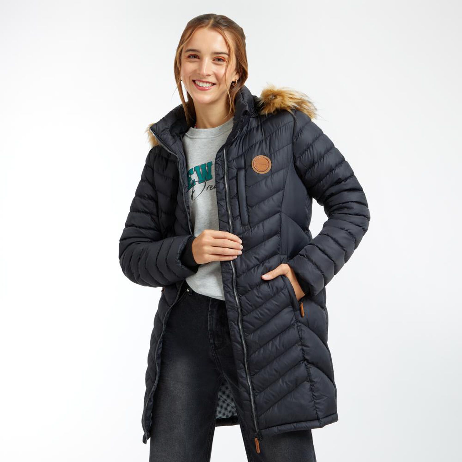 Parka Larga Cuello Alto Con Capucha Desmontable Y Pelos Mujer Freedom image number 0.0