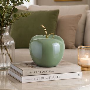 Manzana Decorativa De Cer&aacute;mica Verde Con Tallo Dorado Para Hogar Y Centro De Mesa