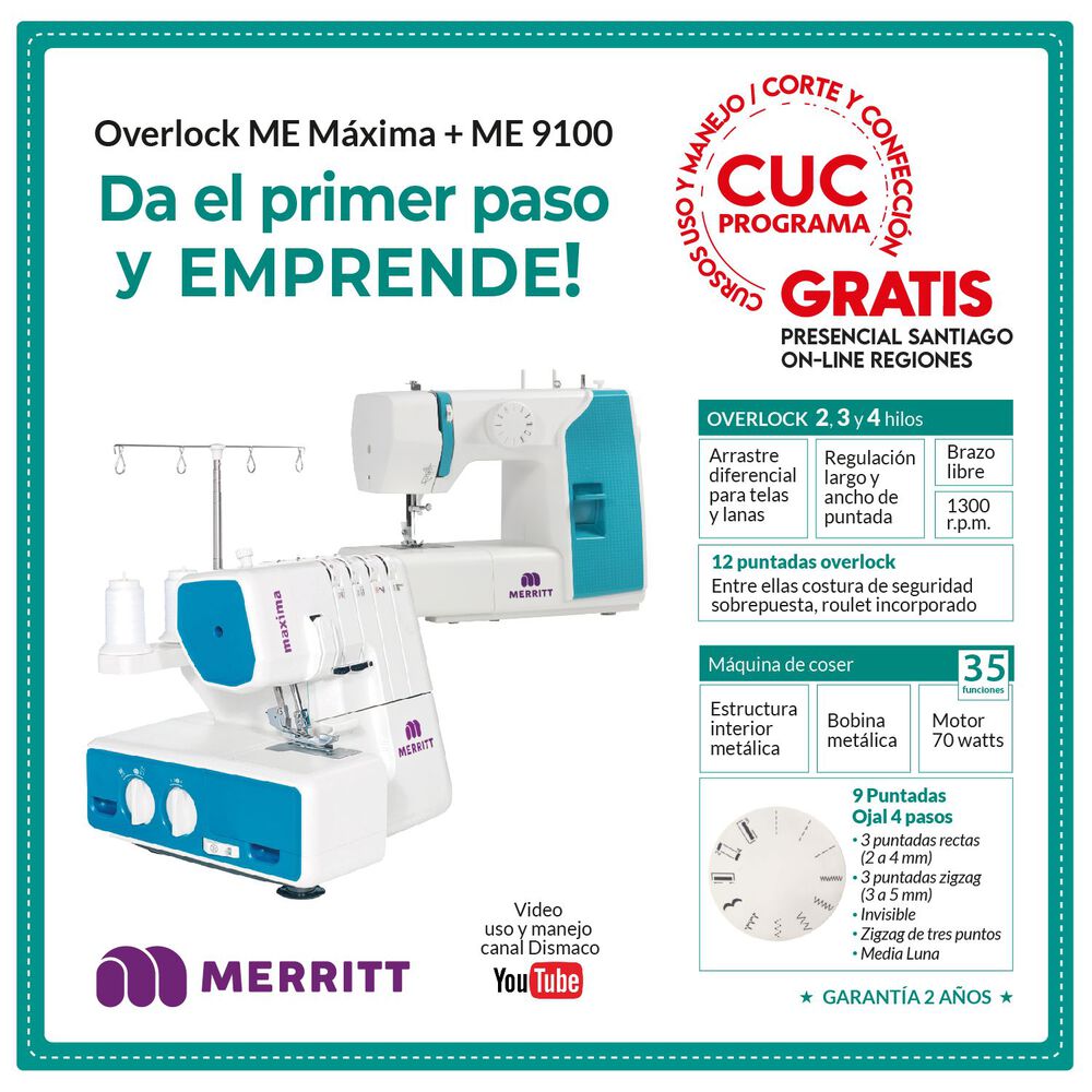 Combo Merritt Máquina De Coser Me 9100 + Máquina Overlock Max image number 1.0