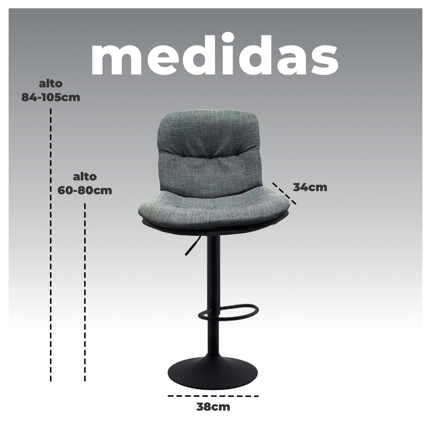 Pack 2 Silla De Bar Ajustable Base Negra Y Tela Estilo N&oacute;rdico image number 5.0
