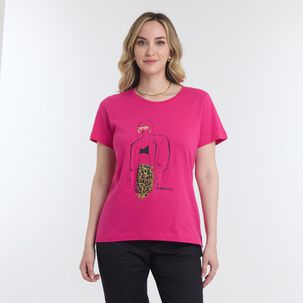Polera Lisa Con Estampado Frontal Manga Corta Cuello Redondo Mujer Geeps