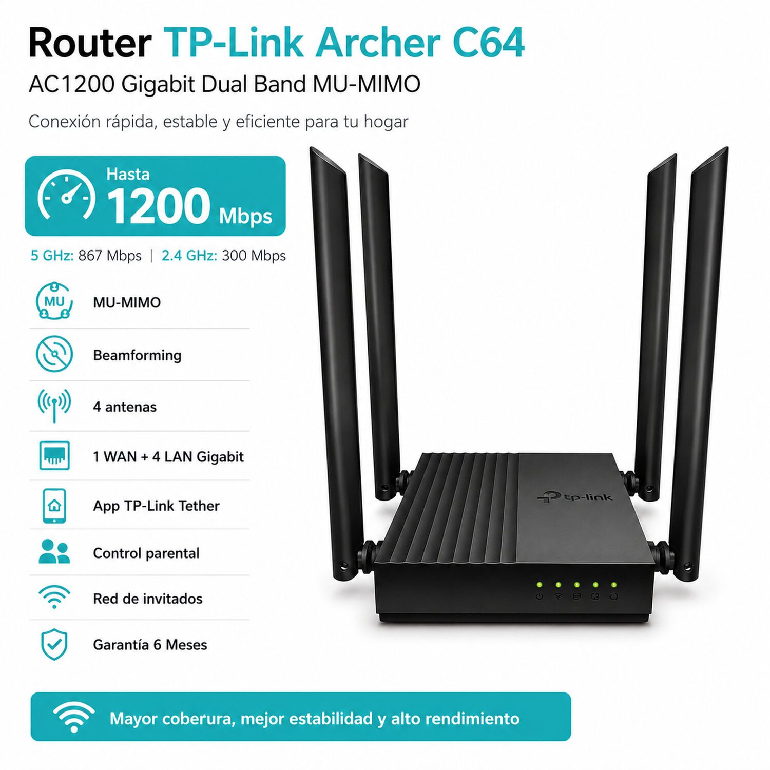 Router Tp-link Archer C64 Ac1200 Gigabit Dual Band Mu-mimo image number 5.0
