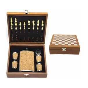 Juego Ajedrez Port&aacute;til De Madera Con Botella Y Vasos Metal
