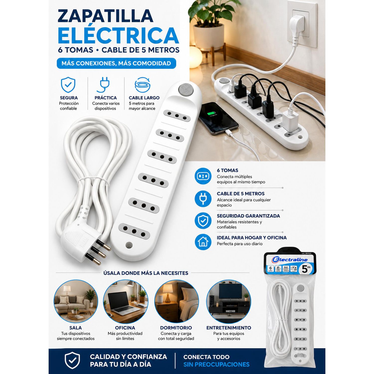 Zapatilla Alargador Electraline 6 Tomas Switch 5 Metros image number 9.0