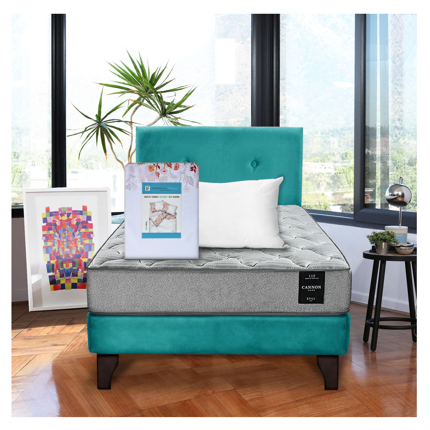 Combo Cama Cannon 1 1/2 Plaza Textil + Respaldo Tela Tuequesa image number 0.0