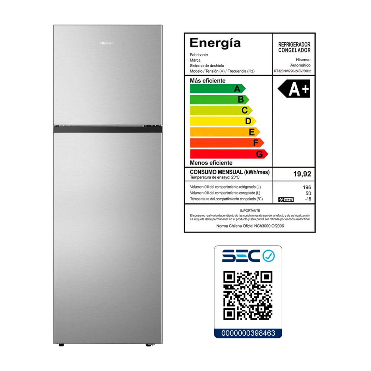 Refrigerador Top Freezer Hisense RT320NV / Fr&iacute;o Directo / 246 Litros / A+ image number 4.0