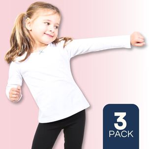 Pack 3 Camisetas Algodón Manga Larga Polera Niña Primera Capa Cuello Redondo Blanca