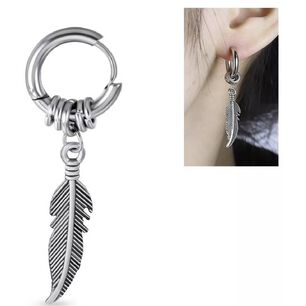 Aros Mujer Hombre Argolla Pluma Colgante Plata
