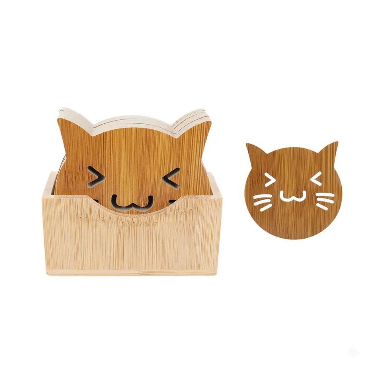 Set 7 Posavasos Bamb&uacute; Dise&ntilde;o Gato Con Soporte Madera image number 4.0