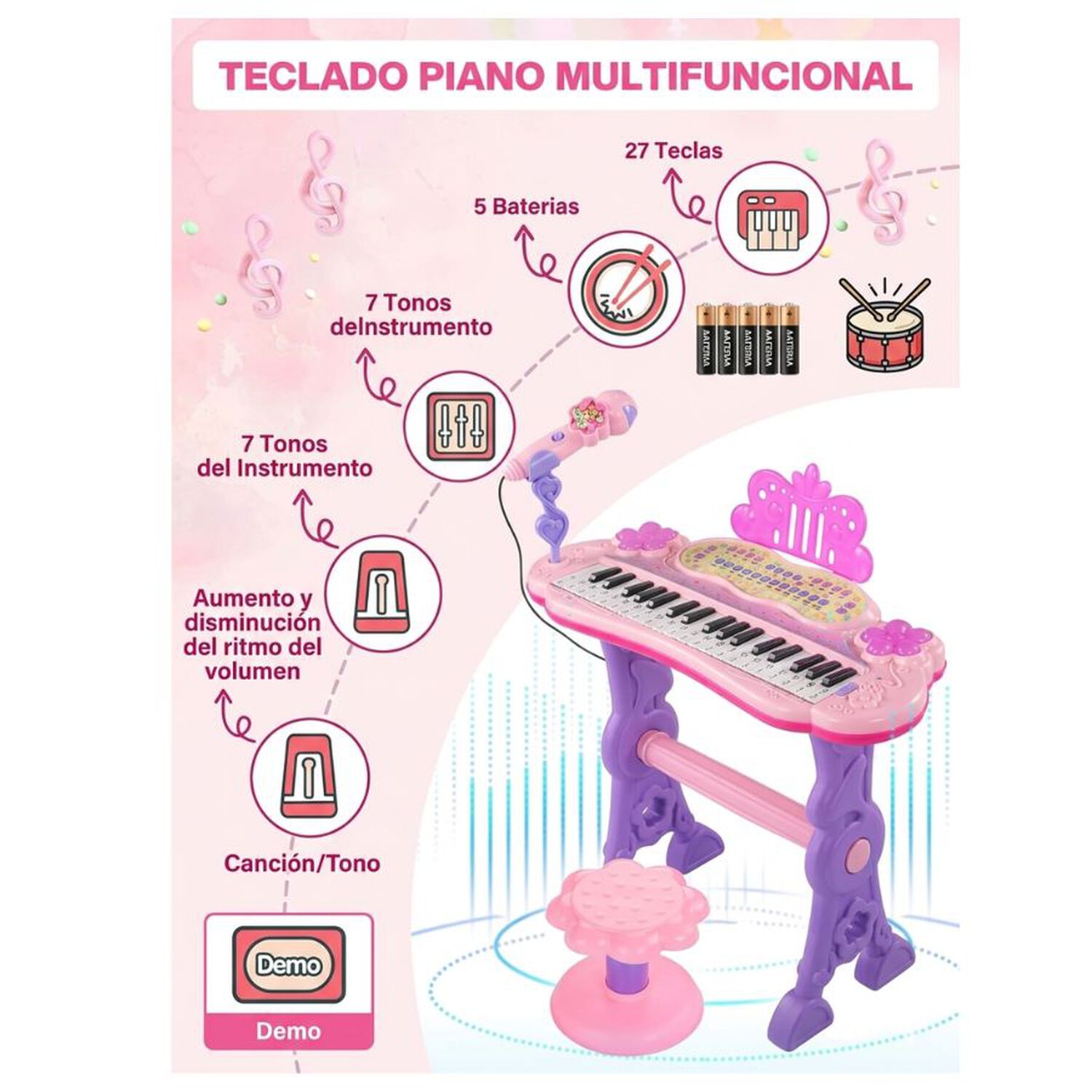 Piano Juguete Musical Infantil Con Silla Y Micr&oacute;fono image number 4.0