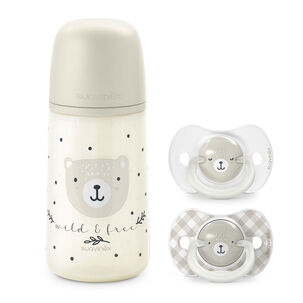 Pack Chupetes Noche Y Dia + Mamadera 270ml Wild Gris 6-18m