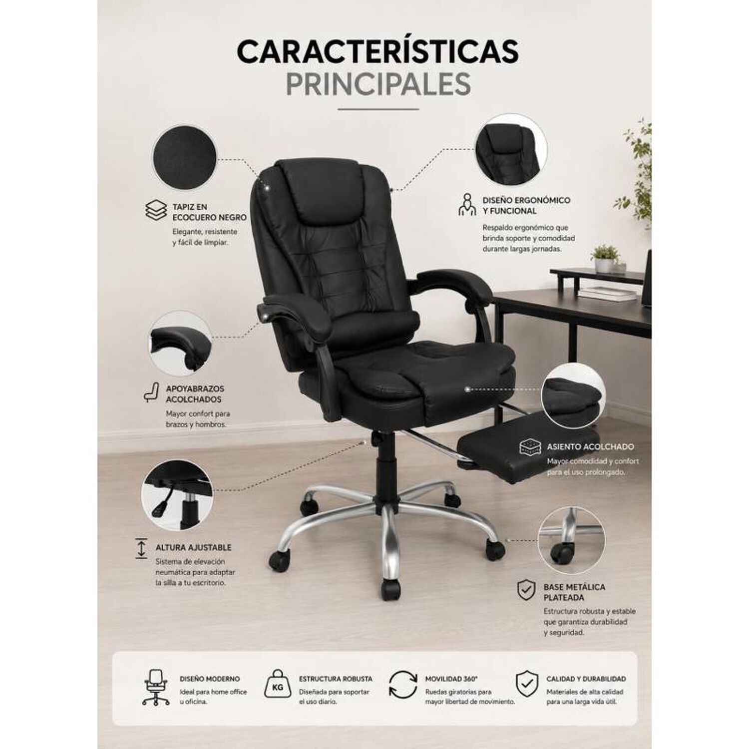 Silla Escritorio Rex Ecocuero Negro Ergon&oacute;mica Altura Ajustable image number 4.0