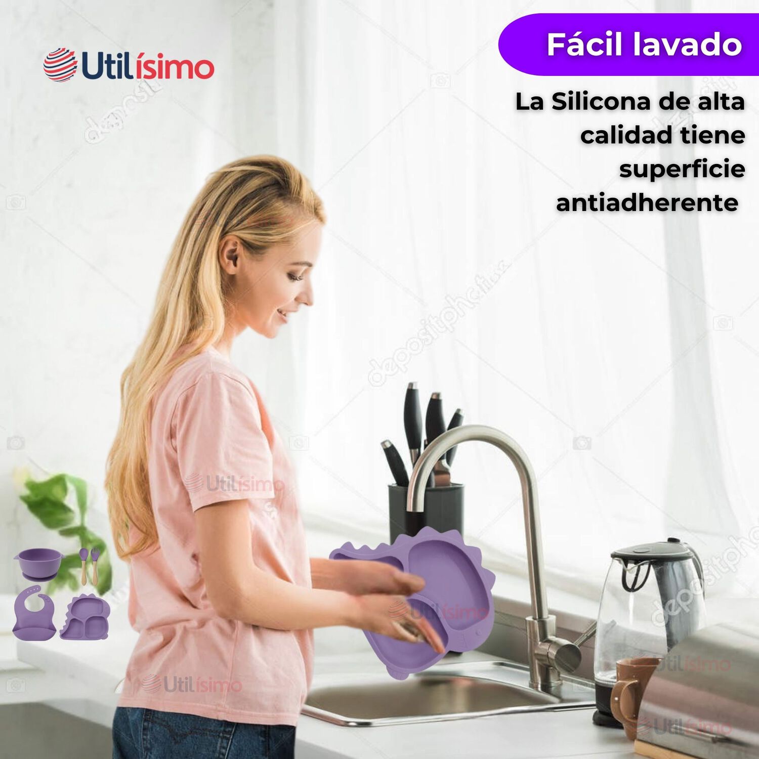 Set Alimentaci&oacute;n Silicona Beb&eacute; 5 Piezas Dinosaurio Libre Bpa Color Lila image number 5.0