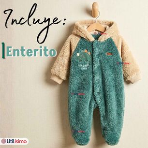 Enterito Con Capucha Tela Plush Verde Dinosaurio Beb&eacute; Ni&ntilde;o