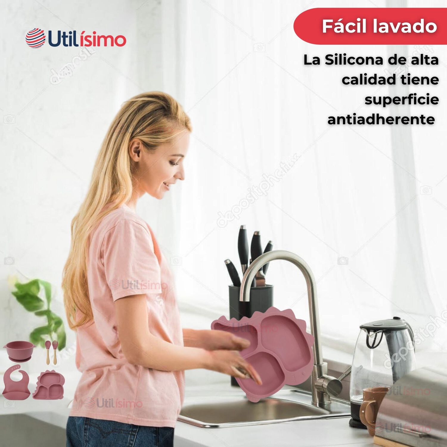 Set Alimentaci&oacute;n Silicona Beb&eacute; 5 Piezas Dinosaurio Libre Bpa Color Rosa Oscuro image number 5.0
