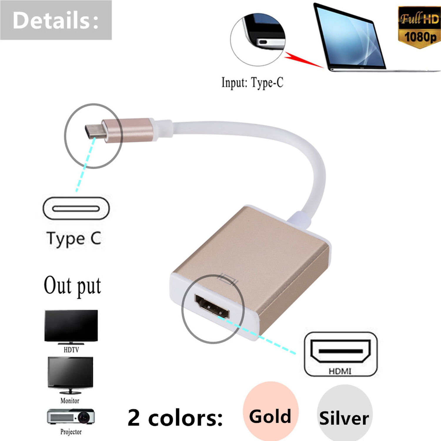 Cable Adaptador Tipo C A Hdmi Full Hd Convertidor Conversor Tipo C Macho A Hdmi Hembra Para Tv Universal image number 3.0