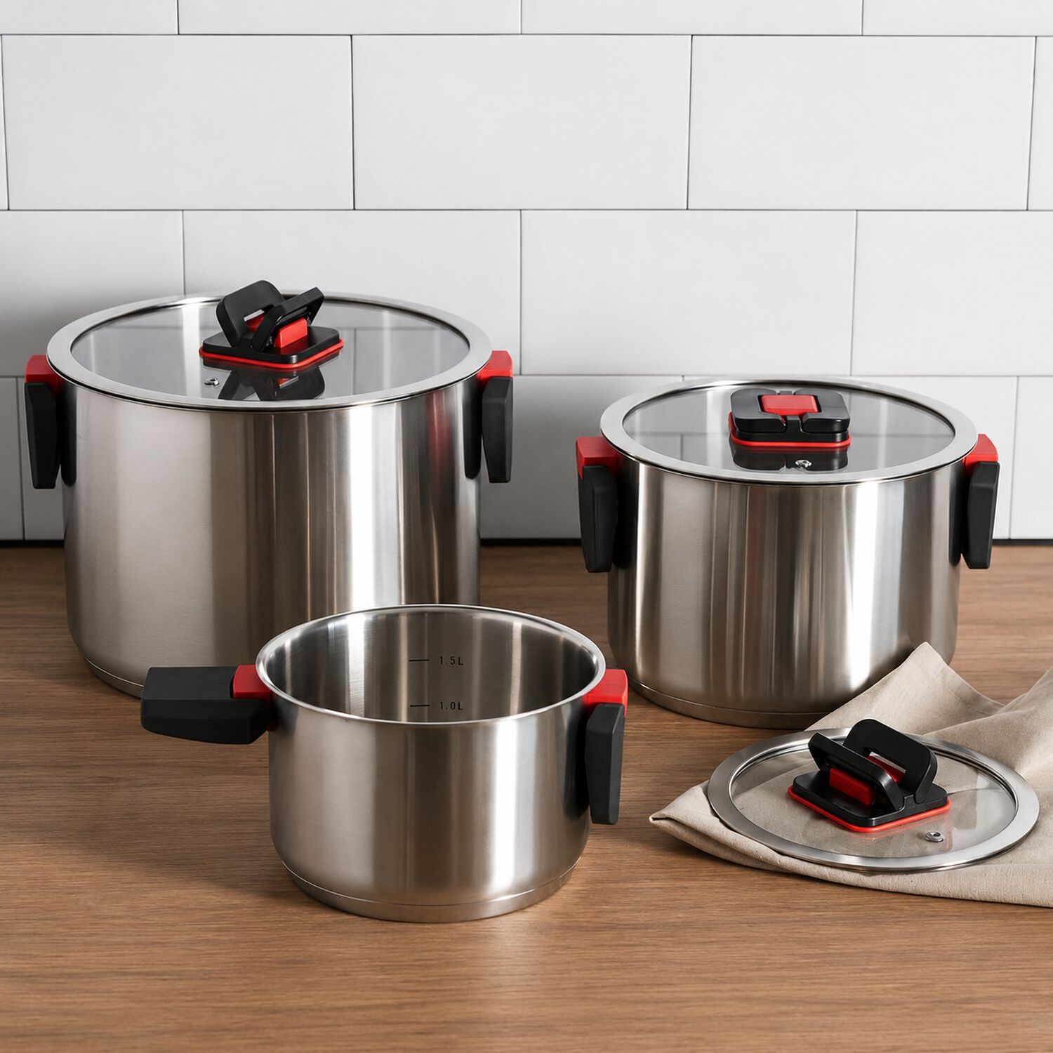 Bater&iacute;a De Cocina 6 Piezas Acero Inox Con Asas Retr&aacute;ctiles Y Apta Para Inducci&oacute;n Modelo Spazio Marca Vitta image number 6.0