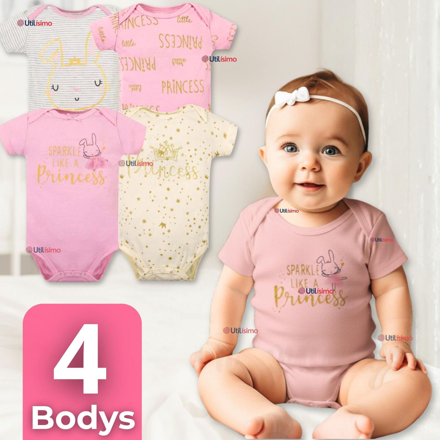 Pack 4 Bodys Ni&ntilde;a Manga Corta Tedmimak 100% Algod&oacute;n Sparkle Like A Princess image number 0.0