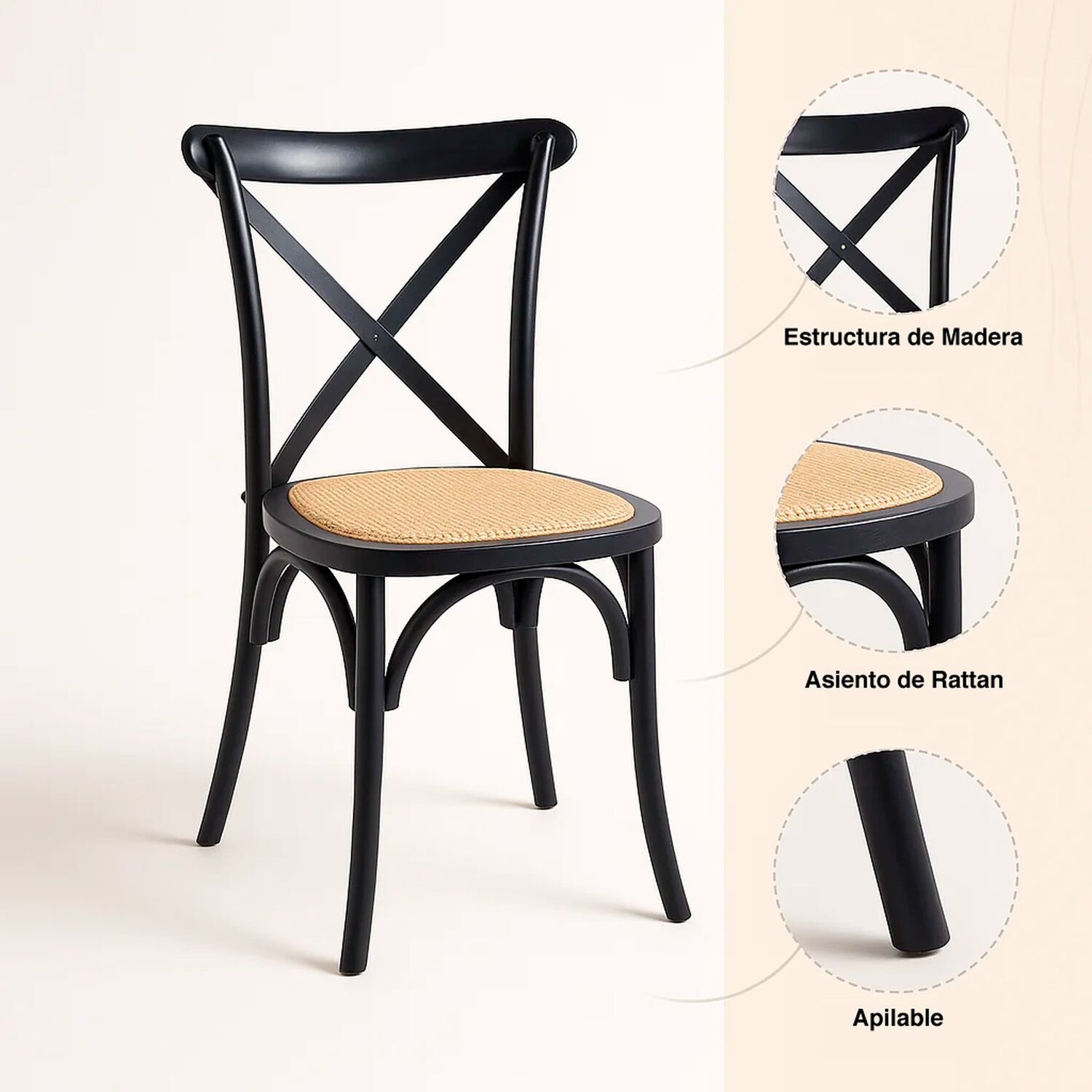 Silla Crossback Madera Rattan Negra image number 4.0